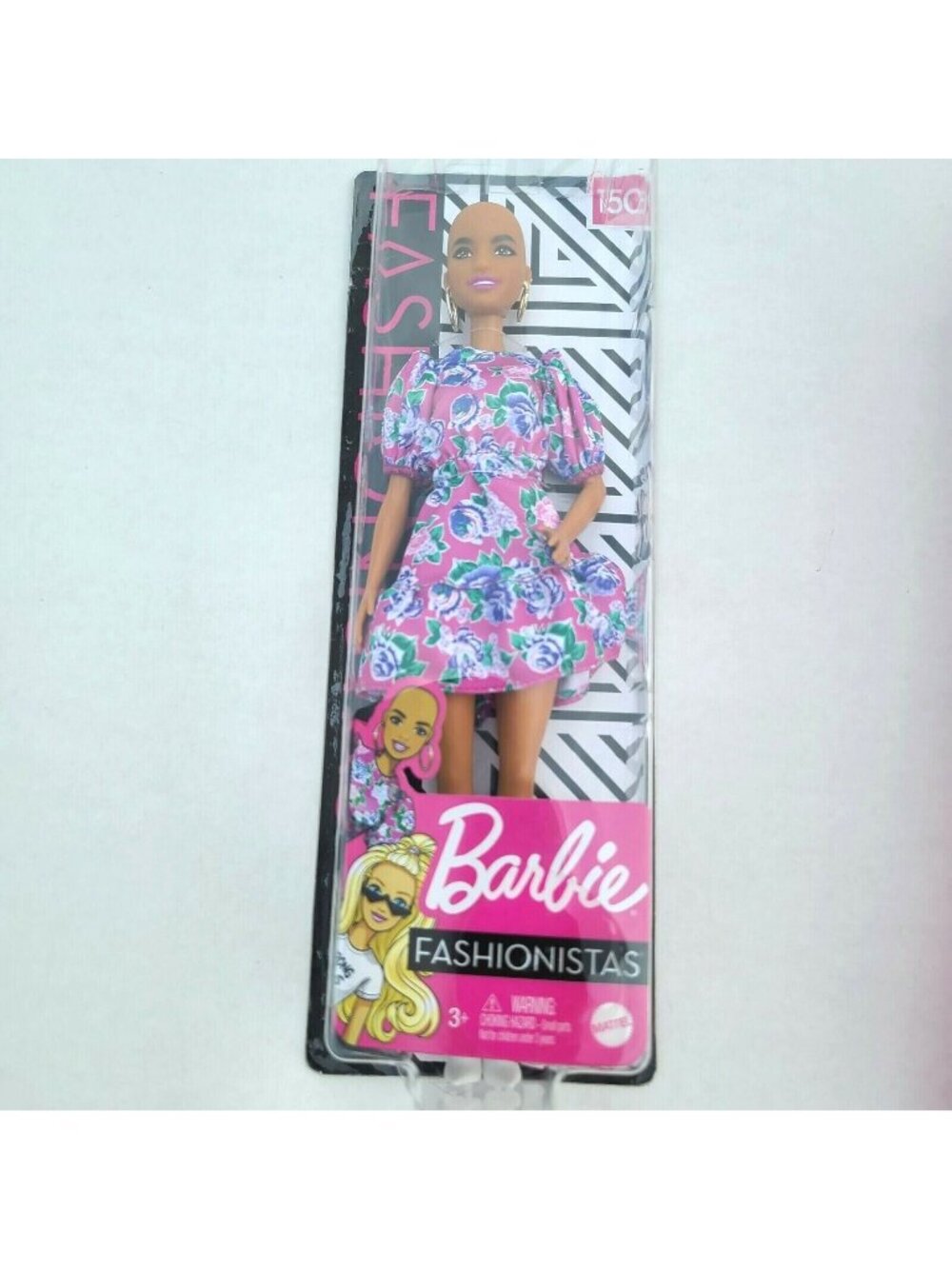 Barbie Fashionista Doll #150 Bald with Earrings & Pink Floral Dress White Boots